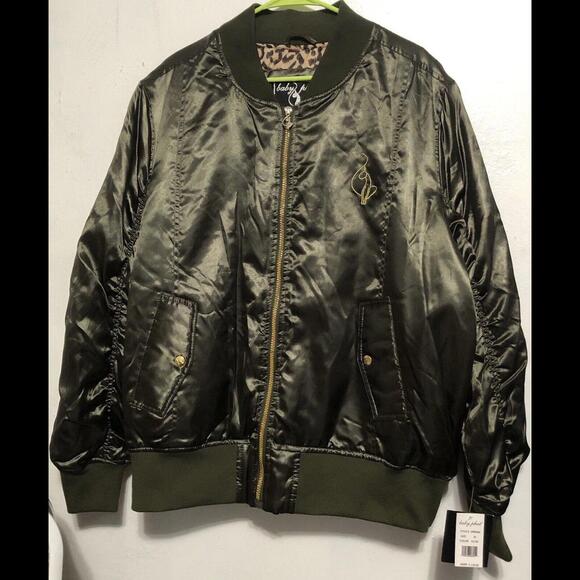 NOS Baby Phat SATIN Green Bomber Jacket Rare Sz:2X Leopard Inlayed Gold Cat Logo